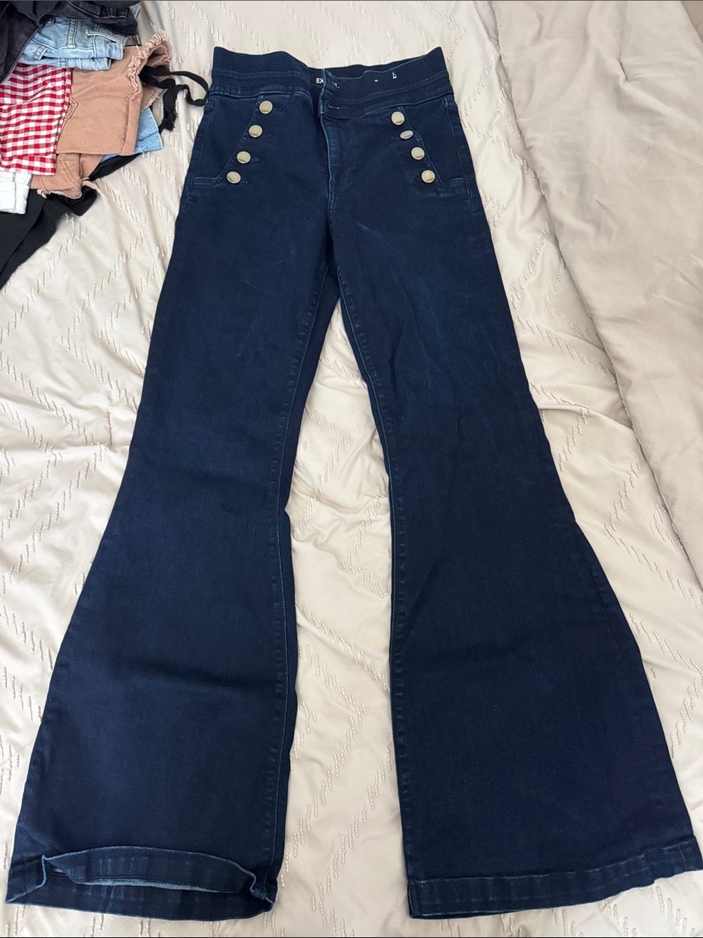 Express Dark Navy High-Rise Sailor Jeans with Gold Buttons
